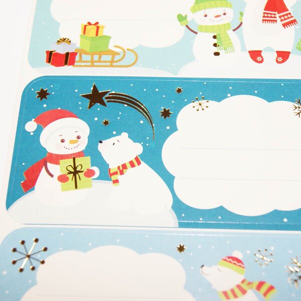 12 étiquettes adhésives de Noël - Bonhomme de neige et Ours blanc