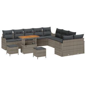 Ensemble de Canapés de Jardin 13 Pièces avec Coussins Gris Poly Rattan Acacia