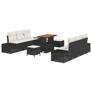 Ensemble de Canapé de Jardin 9 Pièces avec Coussins Noir Poly Rattan Acacia