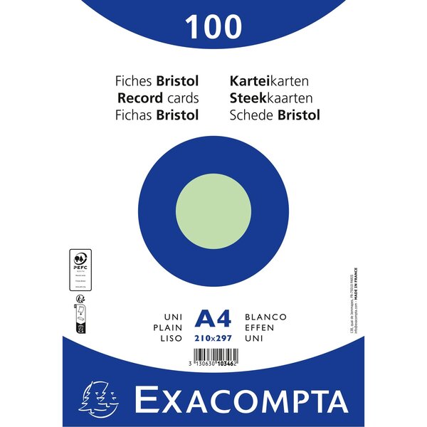 Paquet 100 Fiches Sous Film - Bristol Uni Non Perforé 210x297mm - Vert - X 10 - Exacompta
