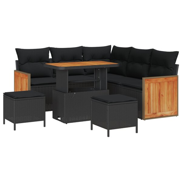 Ensemble de Canapé de Jardin 8 pièces avec Coussins Noir Rattan Poly Acacia
