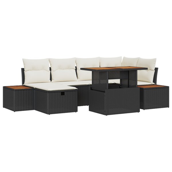 Ensemble de Canapés de Jardin 7 Pièces avec Cousins Noir Poly Rattan Acacia