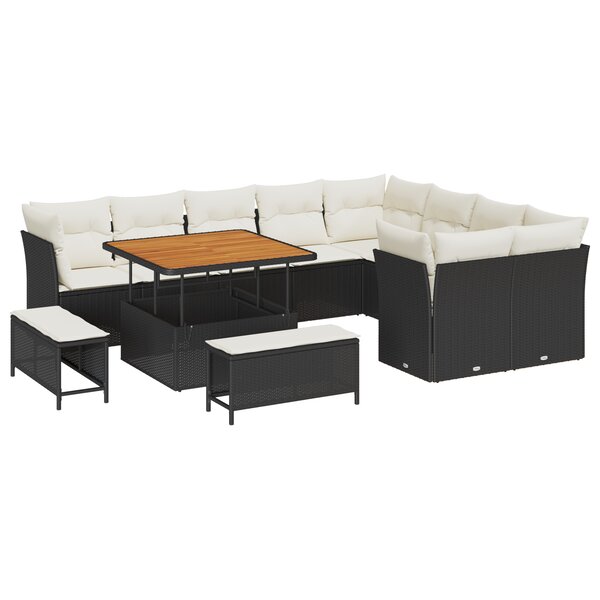 Ensemble de canapé de jardin de 12 pièces avec coussins noir poly rotin acacia
