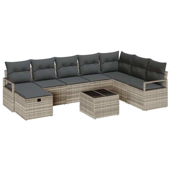 Ensemble de Canapé de Jardin 9 Pièces avec Coussins Gris Clair Rattan Poly
