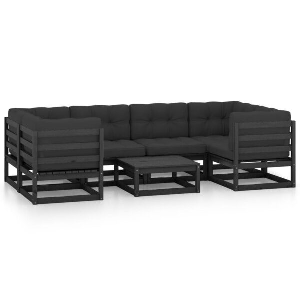 vidaXL Salon de jardin 7 Pièces avec coussins noir bois de pin massif