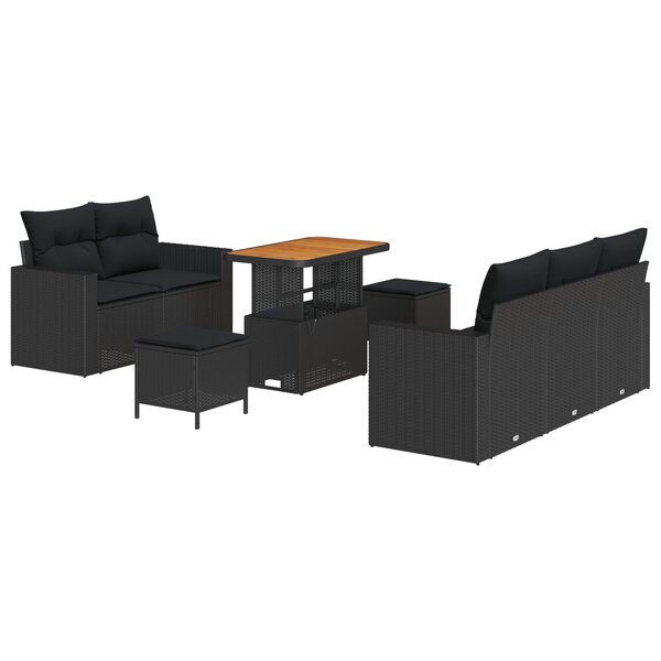 Ensemble de canapé de jardin 8 pièces avec coussins Rattan noir poly Acacia