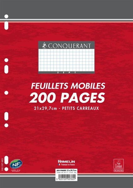 Etui de 100 Feuillets mobiles ( 200 Pages ) A4 210 x 297 mm 5 x 5 90 gr Blanc CONQUÉRANT