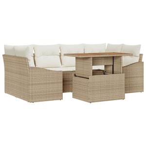 vidaXL Ensemble de salle à manger de jardin 7 pièces avec coussins Beige Poly Rattan Acacia