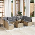 Canapé de Jardin 10 Pièces avec Coussins Beige en Rattan Poly