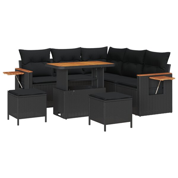 Ensemble de 8 Pièces de Canapé de Jardin avec Coussins Noir en Rattan Poly Acacia
