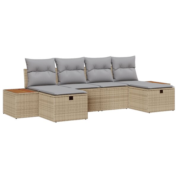Canapé de jardin 6 pièces avec coussins beige en poly rotin