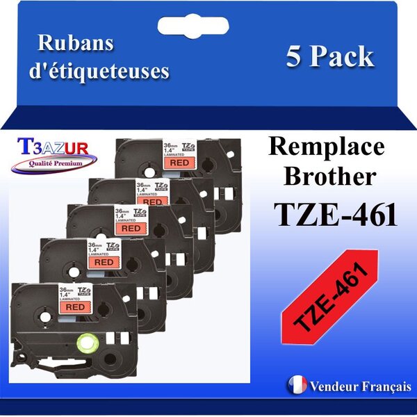 5x  Rubans d'étiqueteuses compatibles avec Brother Tze461  Tze-461 pour étiqueteuses P-touch - Texte noir sur fond rouge- T3AZUR