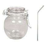 Bocal verre avec couvercle + 4 pailles en inox