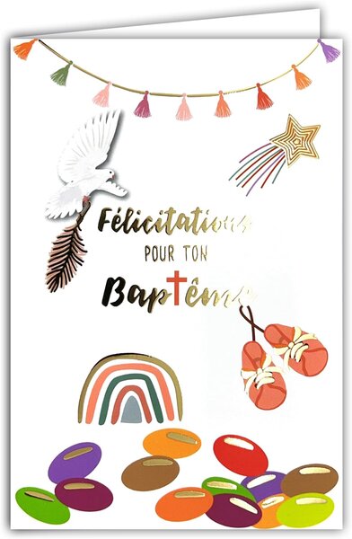 Carte Félicitations pour ton BAPTÊME en Or Doré Brillant avec Enveloppe 12x17 5cm