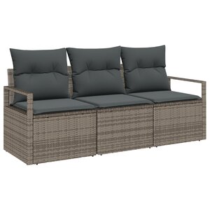 Canapé de jardin 3 pièces avec coussins gris poly rattan