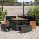Ensemble de canapé de jardin 8 pièces avec coussins en poly rotin noir et acacia