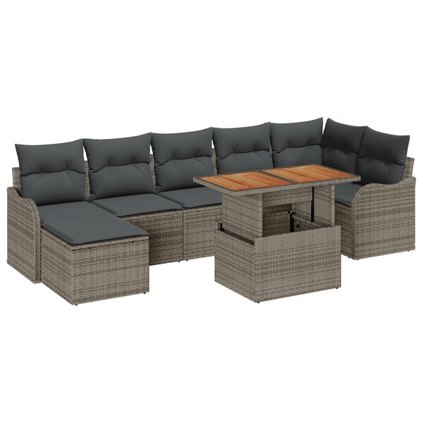 Ensemble de Canapé de Jardin 8 Pièces avec Coussins Gris Poly Rattan Acacia