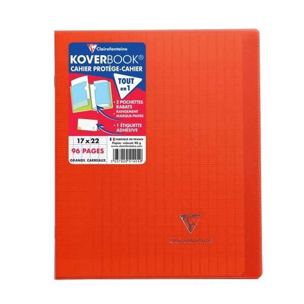 CLAIREFONTAINE - Cahier piqûre avec rabats KOVERBOOK - 17 x 22 - 96 pages Seyes - Couverture polyproplylene translucide - Rouge