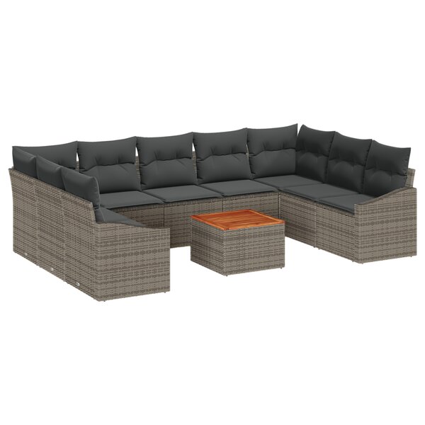 vidaXL Ensemble de Canapé de Jardin de 10 Pièces avec Coussins Gris Poly Rattan Acacia