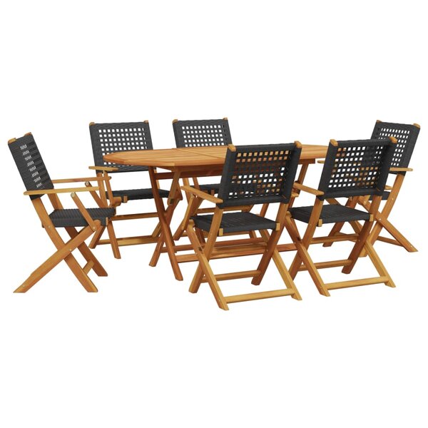 vidaXL Ensemble à manger de jardin 7 Pièces noir rotin et bois massif