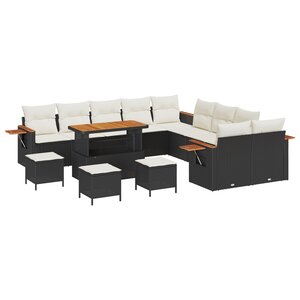 Ensemble de canapé de jardin 14 pièces avec coussins - Acacia en poly rattan noir