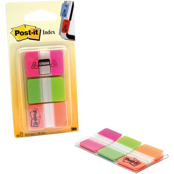 Marque-pages rigides 25,4 x 38 mm - 3 couleurs assorties (Rose, Anis, Orange) - 3 x 22 index (paquet 66 unités)