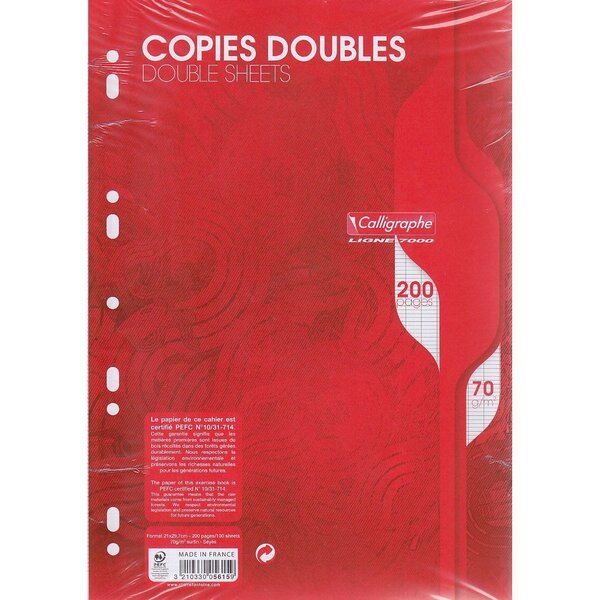 Pqt 50 copies doubles perforées 200 p grands carreaux 70g CALLIGRAPHE