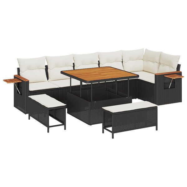 Ensemble de canapés de jardin 9 pièces avec coussins noir poly rotin acacia