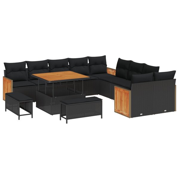 Ensemble de canapé de jardin 13 pièces avec coussins noir poly rattan acacia