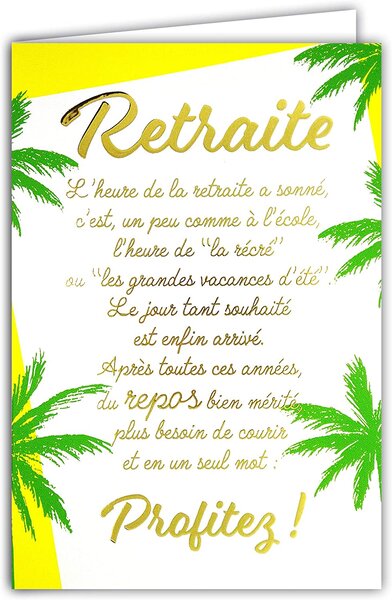 Carte départ retraite texte en or doré brillant avec enveloppe couleur vacances