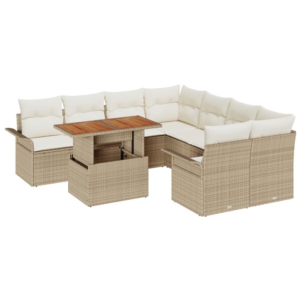 vidaXL Ensemble de Canapé de Jardin 9 Pièces avec Coussins Beige Poly Rattan Acacia