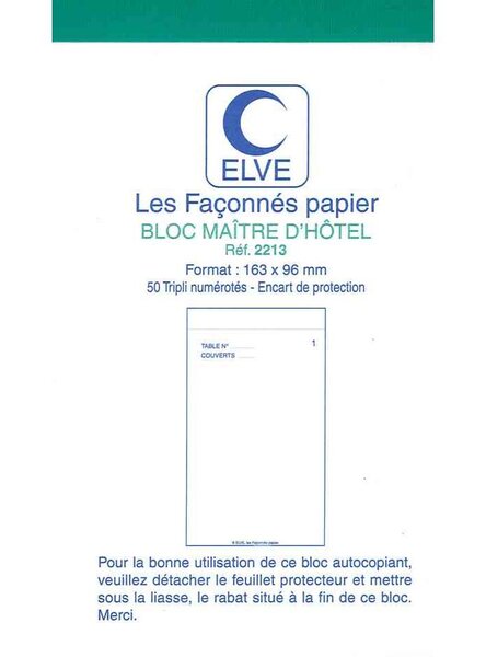 Bloc Maître d'hôtel, 150 x 85 mm, 50 feuillets tripli ELVE