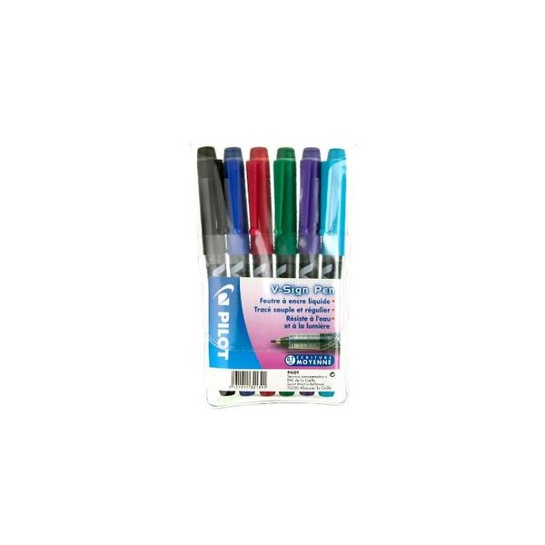 Pochette de 6 stylos feutre V-Sign pointe moyenne 0.6mm couleurs assortis PILOT