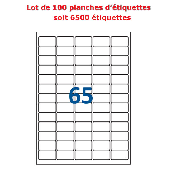 Lot de 100 Planches étiquettes autocollantes sur feuille A4 : 38 1 x 21 2 mm (65 étiquettes par feuille)