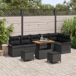 Ensemble de 9 Pièces de Sofas de Jardin avec Coussins Noir en Rattan Poly Acacia