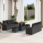 Ensemble de Canapé de Jardin 9 Pièces avec Coussins Noir Rattan Poly Acacia
