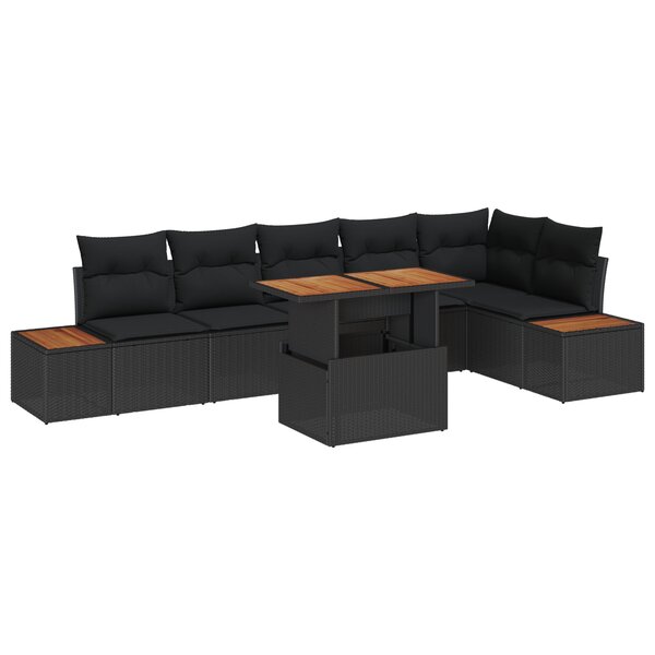 Set de Canapés de Jardin 7 Pièces Noir Rattan Poly Avec Coussins