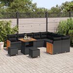 Ensemble de Sofa de Jardin 12 pièces avec Coussins Noir Poly Rattan Acacia