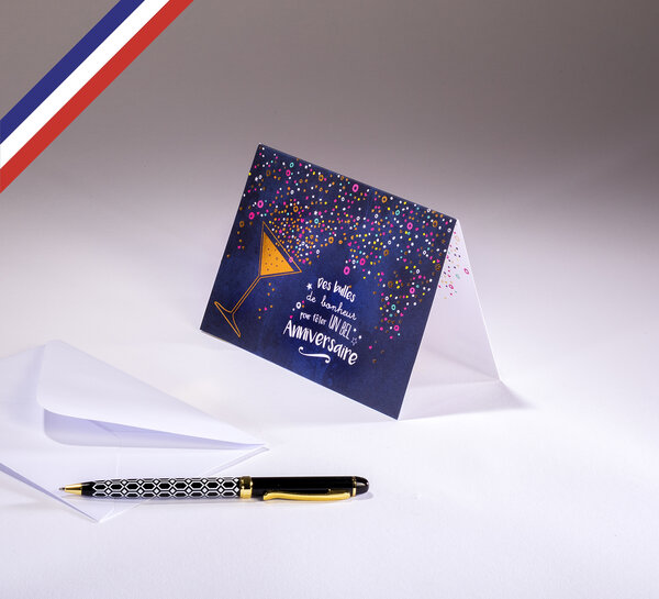 Carte double gourmandiz créée et imprimée en france sur papier certifié pefc - des bulles de bonheur pour fêter un bel anniversaire