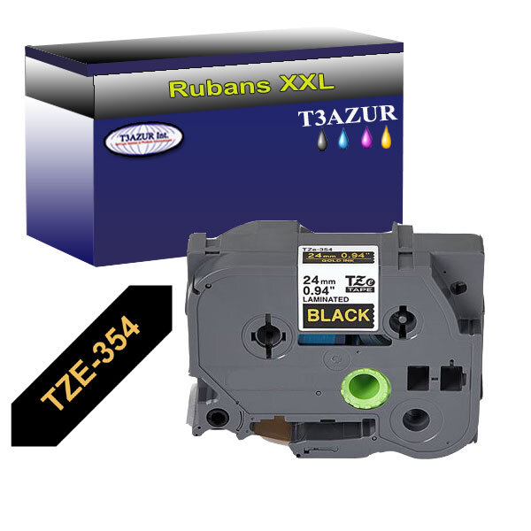 Ruban d'étiquettes laminées générique Brother Tze-354 pour étiqueteuses P-touch - Texte doré sur fond noir - Largeur 24 mm x 8 mètres - T3AZUR