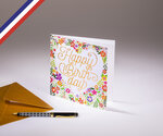 Carte double en lettres d'or créée et imprimée en france - anniversaire champêtre happy birthday cœur fleuri