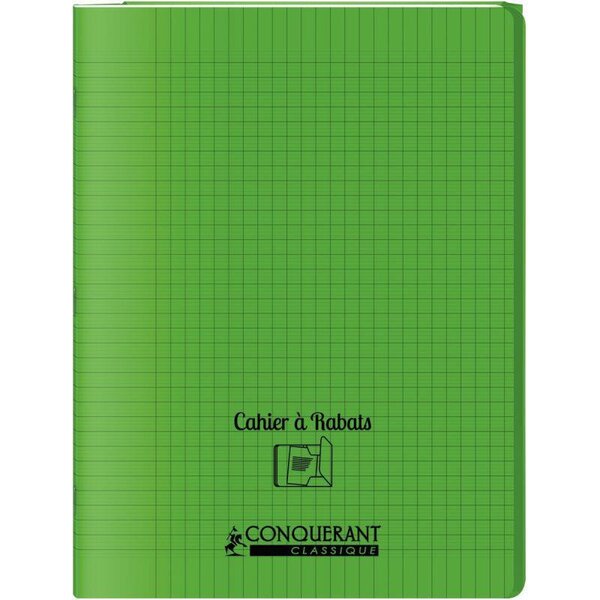 Cahier 48 pages seyès 90 g avec couverture polypropylène vert 3 rabats  format 24 x 32 cm CONQUERANT