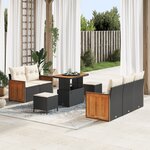 Ensemble de canapés de jardin 8 pièces avec coussins noir poly rotin acacia