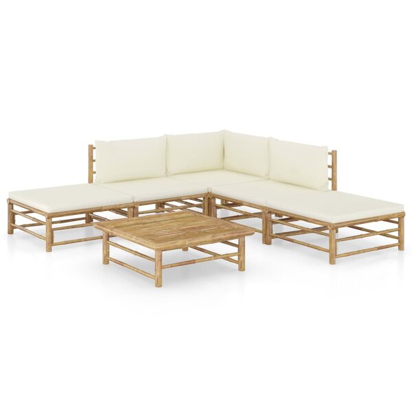 Salon de jardin meuble d'extérieur ensemble de mobilier 6 pièces avec coussins blanc crème bambou 02_0016635