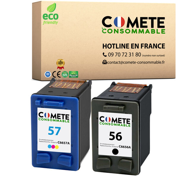 COMETE, Entreprise française - 56 57-2 Cartouches d'encre Compatibles pour HP 56 57 XL - pour HP DeskJet 450ci 5150 5550 9680gp HP OfficeJet 4212 4215 PSC 1210 1215 1315 1350 2105 HP Photosmart 7660