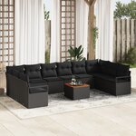Canapé de jardin 11 pièces avec coussins noir poly rotin acacia