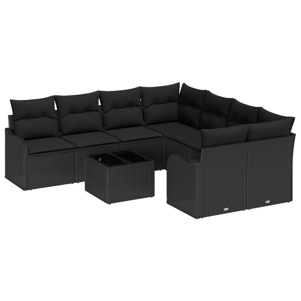 Ensemble de Canapé de jardin vidaXL 9 pièces avec coussins Noir Rattan Poly