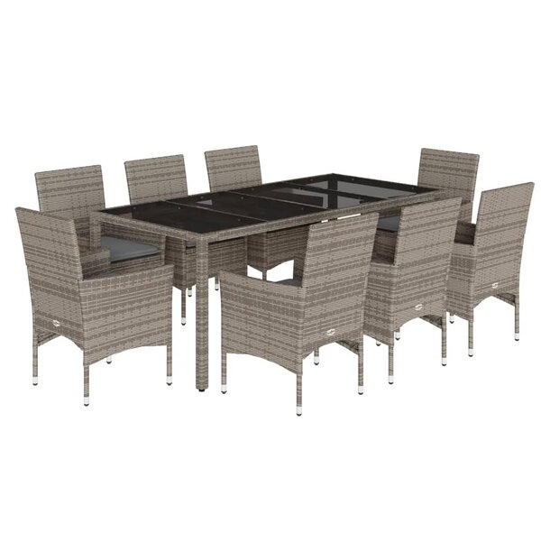 vidaXL Ensemble à manger de jardin et coussins 9 Pièces gris rotin verre