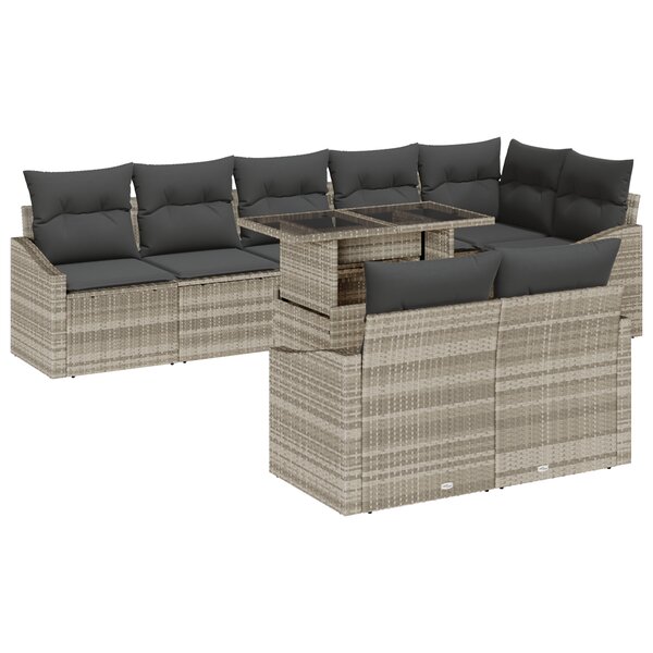 vidaXL Set de canapé de jardin 9 pièces avec coussins gris clair en poly rotin