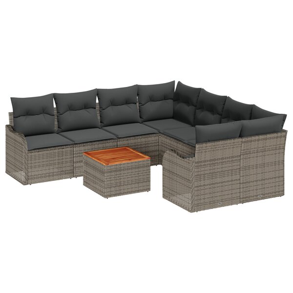 Ensemble de canapé de jardin 9 pièces avec coussins gris poly rattan